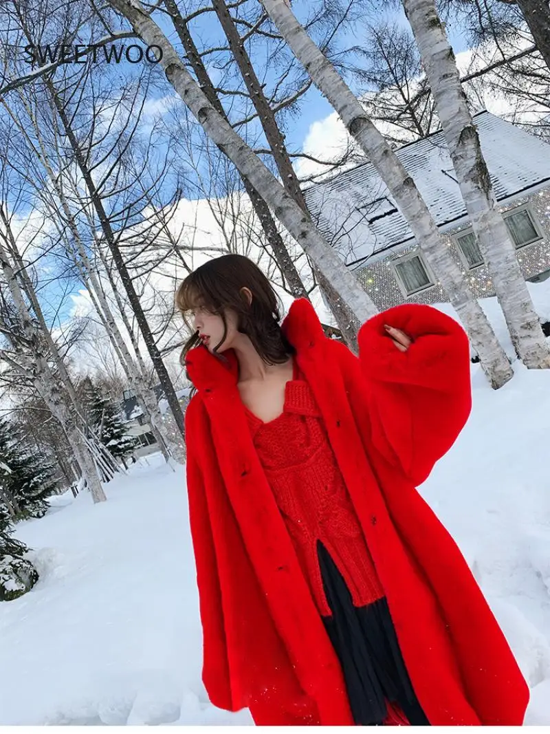 Oversized Red Thick Warm Soft Fluffy Faux Fur Coat Women 2021 Raglan Long Sleeve Long Fur Coats for Winter Contracted Slim Fresh