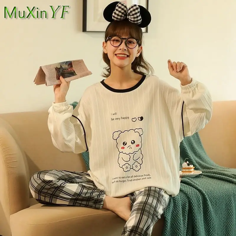 2022 Spring Fall New Cartoon Pajamas Women's Cute Pijamas trousers Two piece Korean Casual Sleepwear Loose Home Clothes Suit