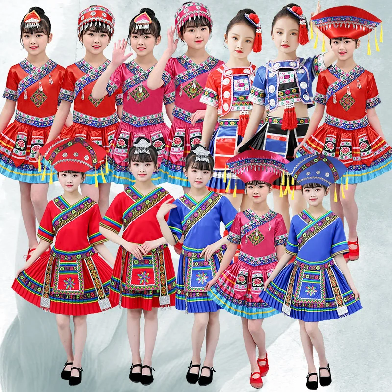 Детские этнические костюмы Miao для выступлений Guangxi мальчиков и девочек Zhuang Yao da