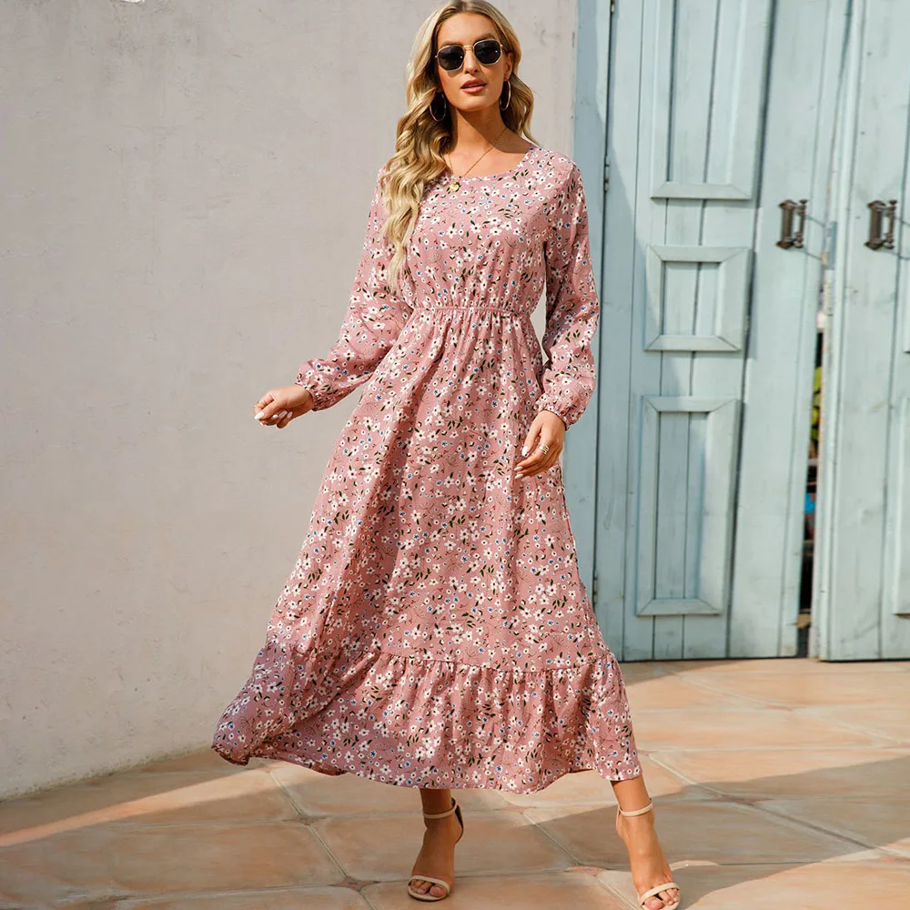

Fall Chiffon Long Sleeve Floral Maxi Dress Women 2022 Fashion Vintage V Neck Loose Print Slim White Dresses Elegant Clothes