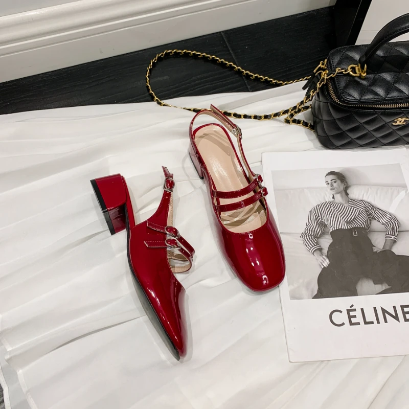 2023 Summer New Back Empty Baotou Sandals French Retro Square Toe Shallow Mouth Double Breasted Mary Jane Sandals