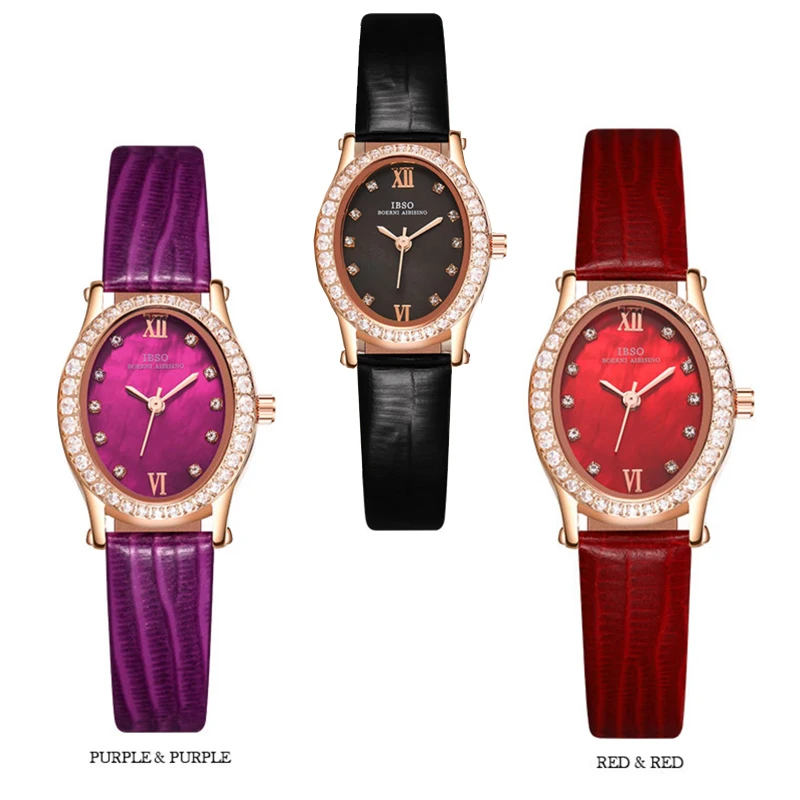 Elegant Diamond Watches Women Oval Bracelet Luxury Brand Ladies Purple Watch Red Leather Strap Crystal Pink Dial Girl Hand Clock enlarge