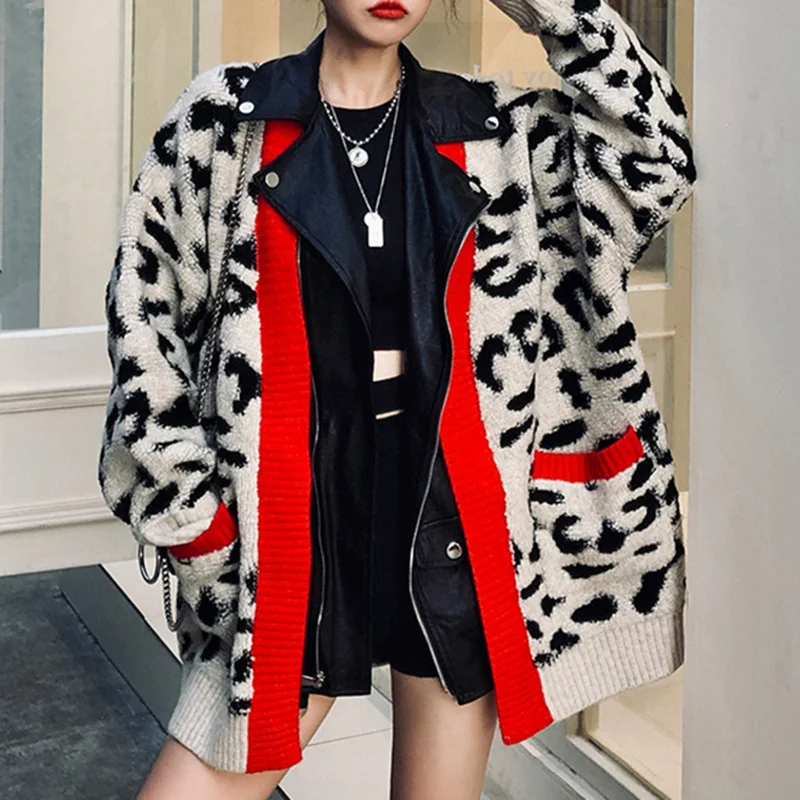 

2022 Spring New Fake Two Fashion Loose Knit Leather Jacket Fashion Trend Leopard Coat Oversize Ladies Zipper Outerwear