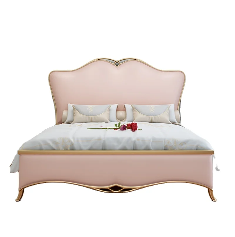 

French Luxury Modern Solid Wood Bed Double 1.8m Master King Girl Princess Bed Pink Genuine Leather Wedding Bed
