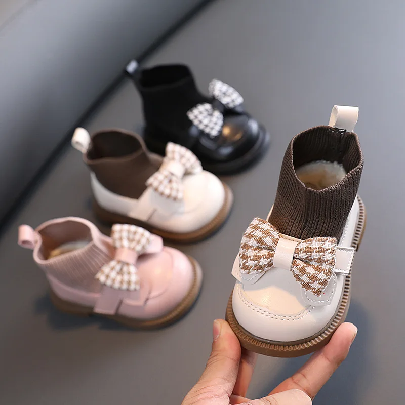 Winter Infant Girl's Sock Boots Chunky Bow Elegant Cute Children Casual Knitted Short Boot  Toddler Girl Patent Leather Shoes