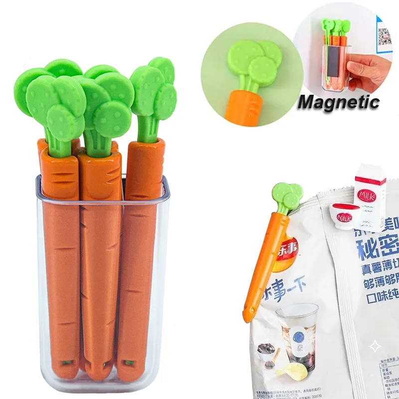 

5pcs Magnetic Food Snack Sealer Carrot Kitchen Bag Clips Vacuum Fresh Sealing Clamp Sealed Organizer Accessories