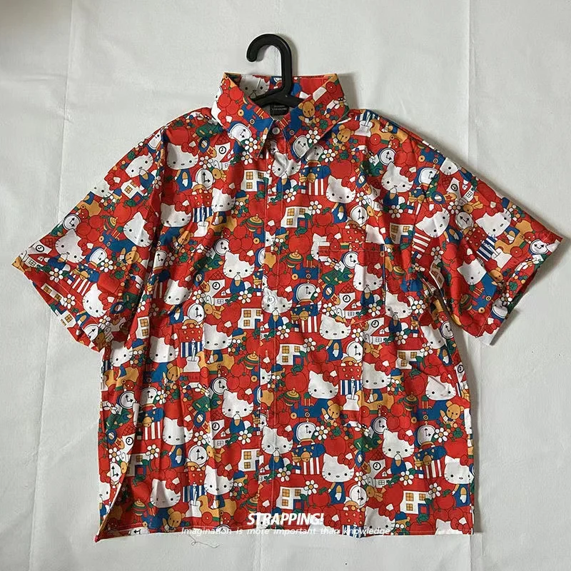 Hello Kitty cartoon fashion loose print short-sleeved shirt men/women Hawaiian seaside couple personality shirt