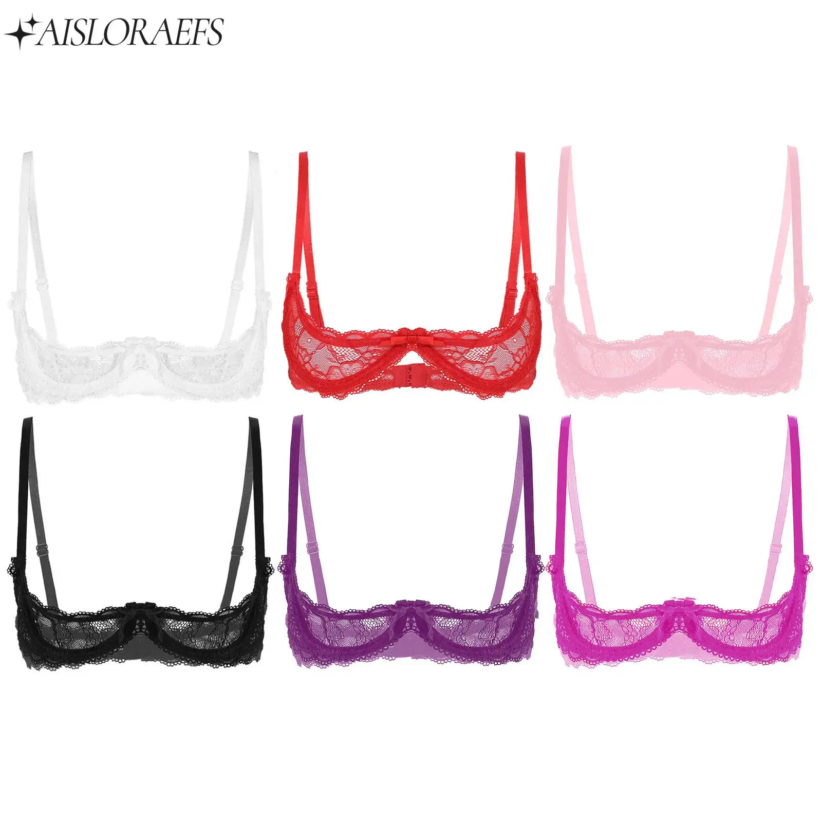 

Women Sexy 1/4 Cup Sheer Lace Bra Push Up Underwired Shelf Bra Unlined See Through Adjustable Straps Bralette Underwear Lingerie