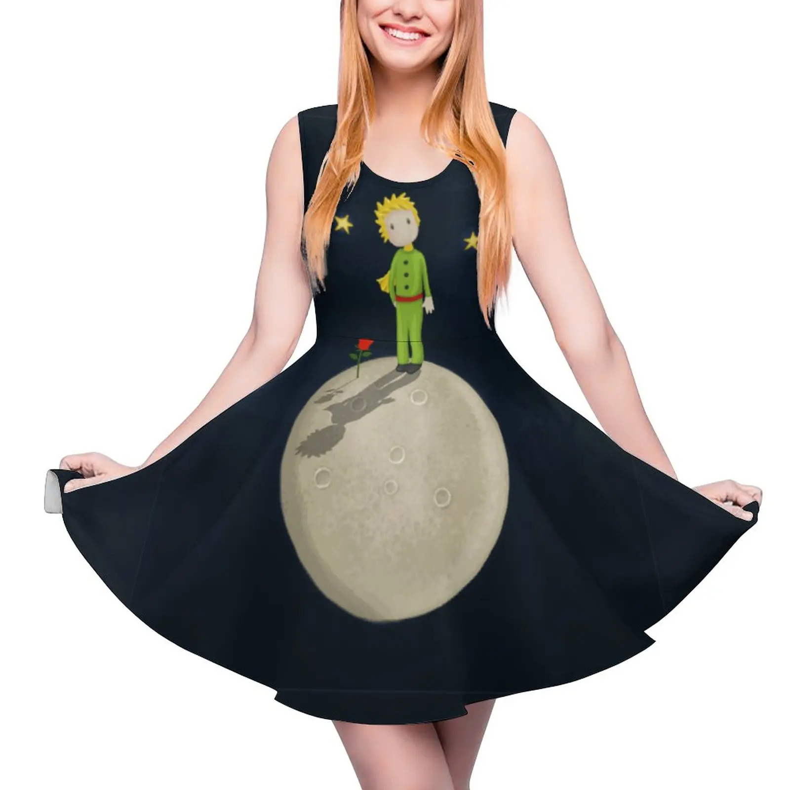 

Little Prince Dress Red Rose And Moon Print Street Style Dresses Women Beach Skate Dress Summer Custom Vestidos 3XL 4XL 5XL