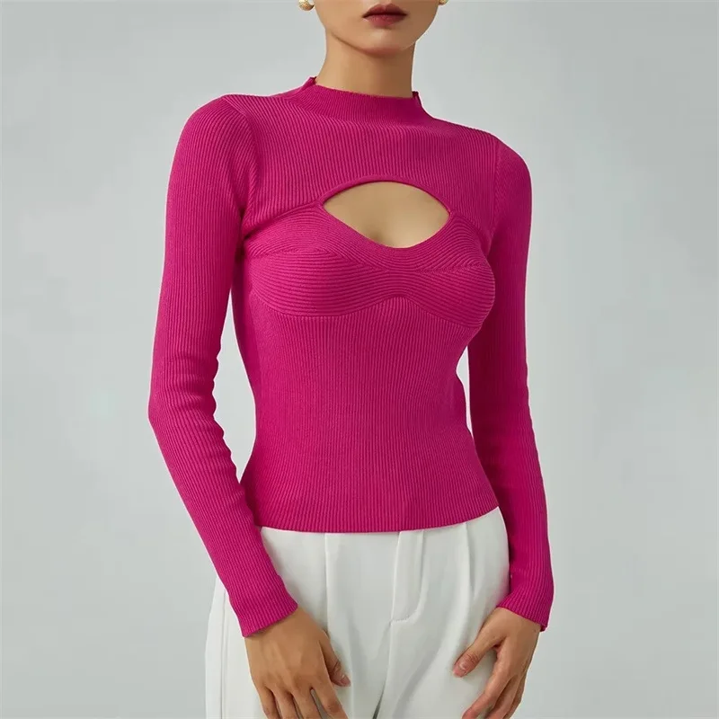

Autumn and winter three-dimensional texture hollow knitwear 2022 new sweater solid color sexy slim long sleeve top women
