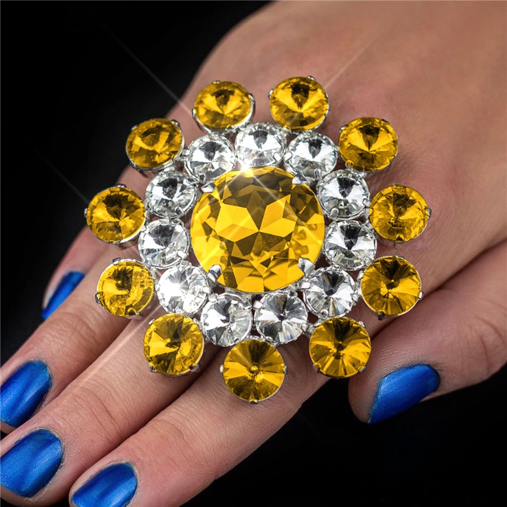 

Exaggerated Round Crystal Open Rings Adjustable Jewelry Women Wedding Rhinestone Big Gemstone Finger Ring Party Accessories