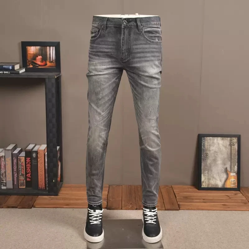 Autumn Men Dark Gray Jeans Streetwear Slim Fit Straight Pants Korean Style Fashion Scratched Denim Trousers CP2030