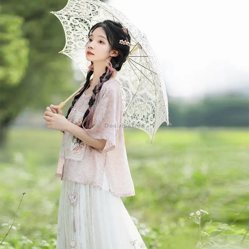 

2023 новый улучшенный Повседневный Топ в китайском стиле ming dynasty hanfu с круглым воротником и полубольшим рукавом, длинная Плиссированная юбка, комплект из двух предметов s290