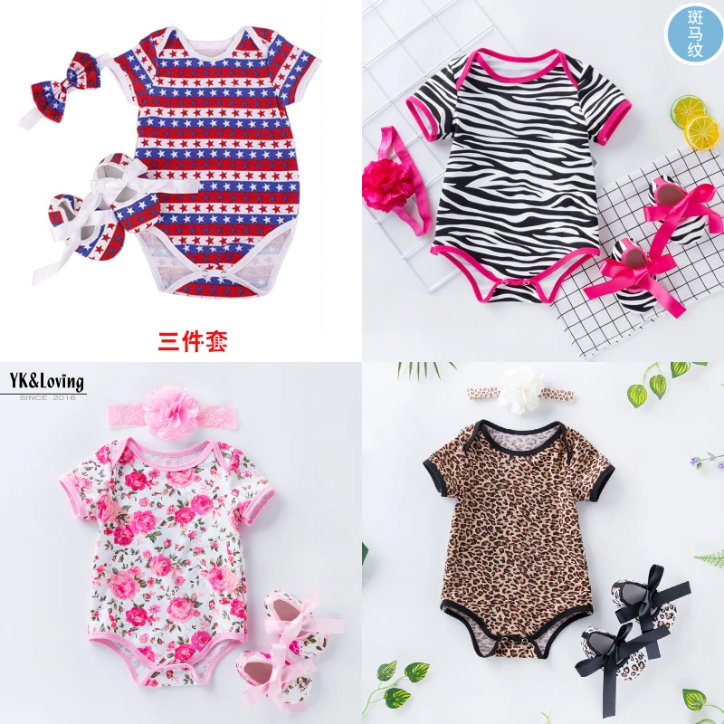 

Summer Newborn Baby Girl Clothes Floral Leopard Romper Short Sleeve Jumpsuit+Shoe+Hairband 3Pcs Outfits Set