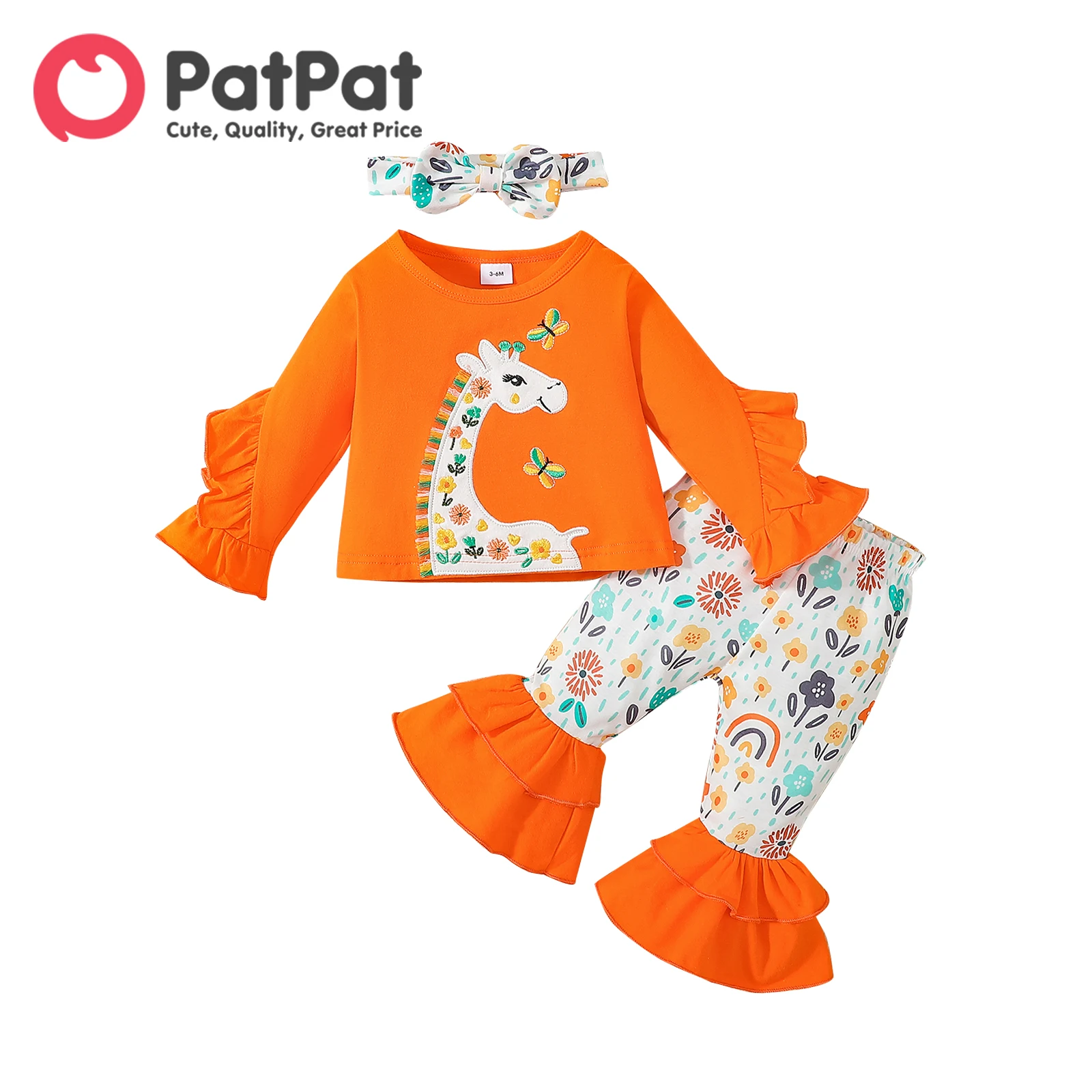

PatPat 3pcs Baby Girl 95% Cotton Ruffle Trim Long-sleeve Giraffe Graphic Top and Floral Print Flared Pants with Headband Set