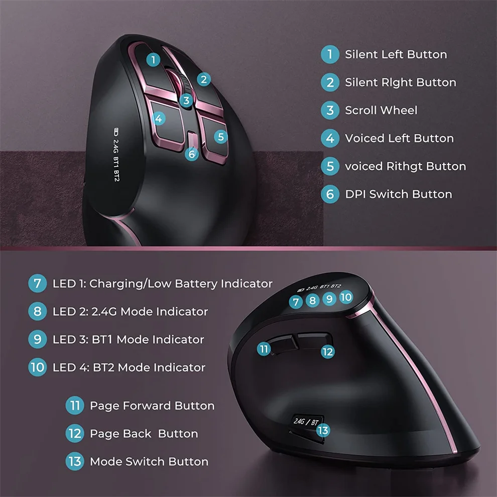 seenda 2 4gbluetooth vertical mouse wireless for apple mac laptop notebook 9 buttons gaming mouse rechargeable free global shipping