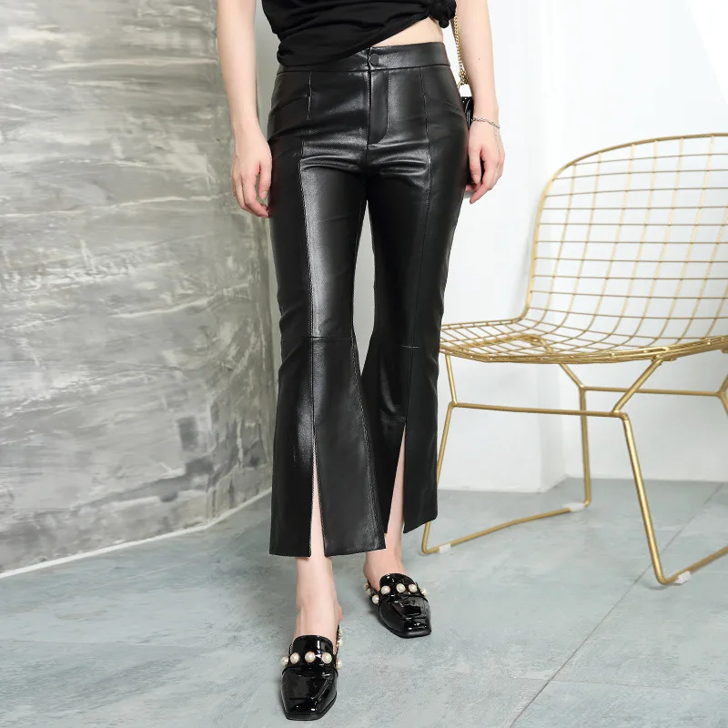 Pantacourt Femme Real Leather Cropped Trousers Women Sheepskin Casual All-match Black Flare Pants Mujer Slit Slim Leggings