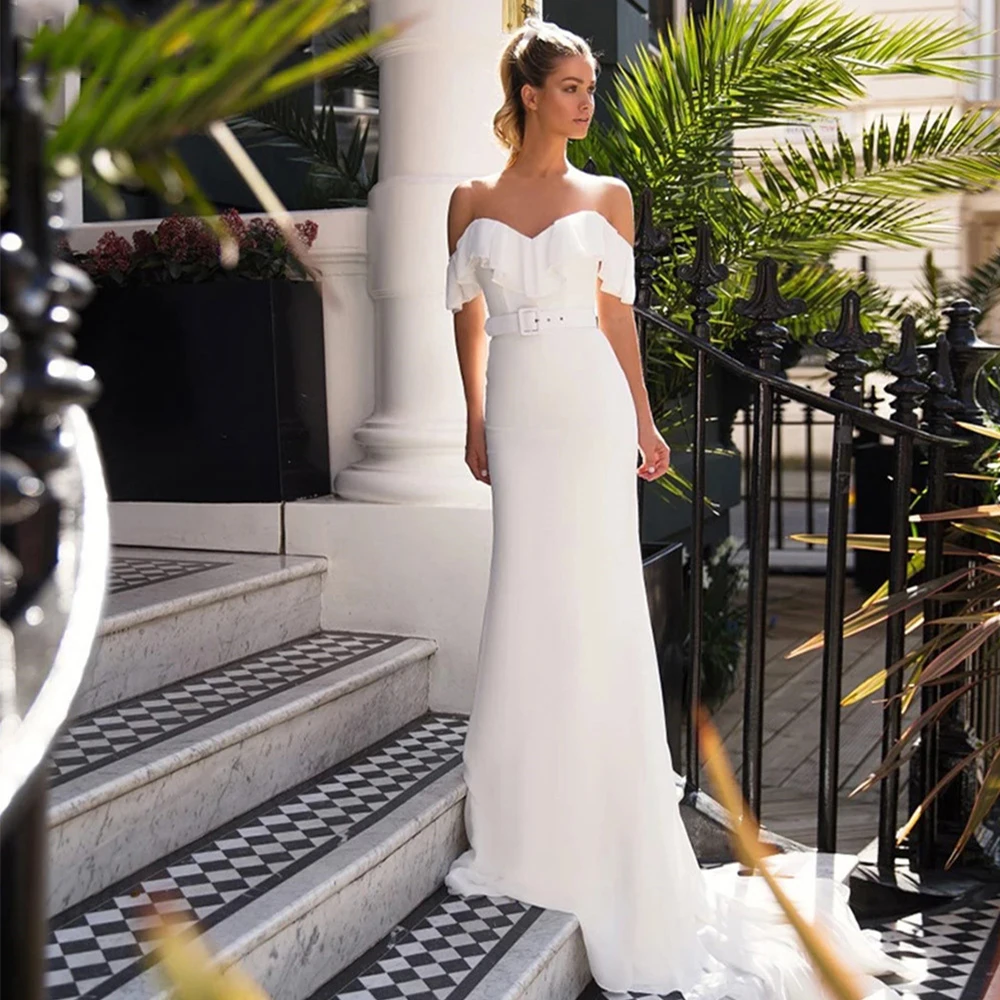 

Simple Wedding Dress For Women Sweetheart Short Sleeve Bride Gown Jesery Off The Shoulder Belt Trumpet Backless Vestido De Noiva