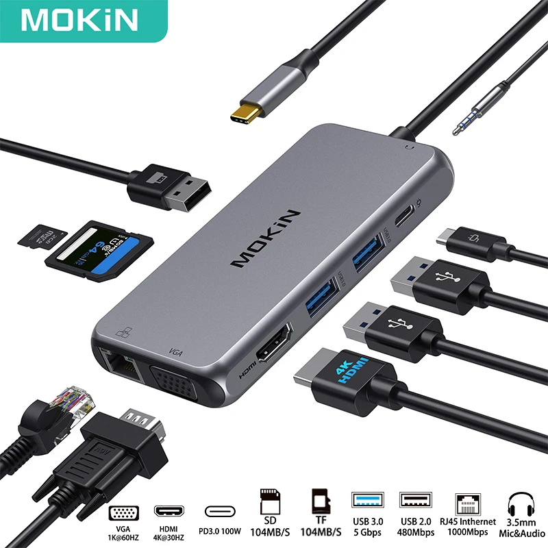 

MOKiN USB C Hub Type C Multiport Adapter HDMI Ethernet VGA PD Port USB 3.0 HUB SD/TF for Windows Type C Laptops PC MacBook Pro