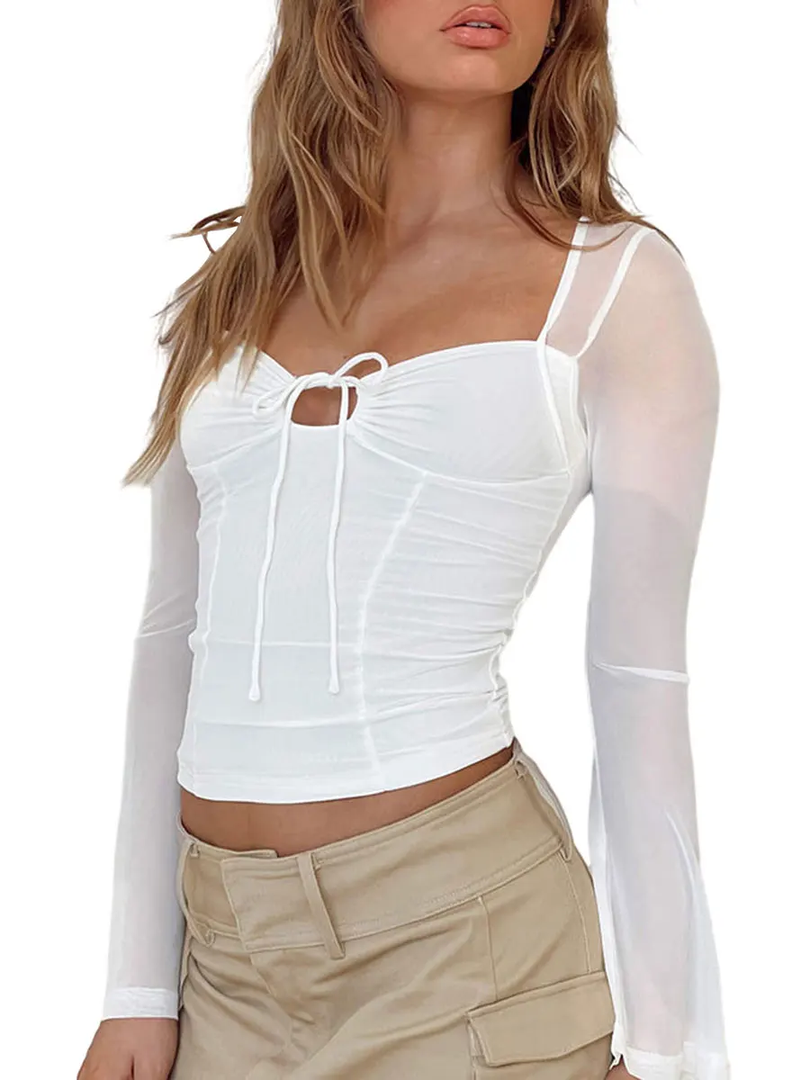 

Women Floral Lace Crop Top Y2k Sheer Mesh See Through T Shirts Slim Fit Going Out Club Streetwear Tees