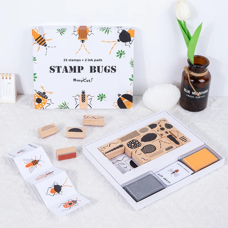 

DIY Stamps Toys for Kids Imagine Training Bug Insect Puzzle Wooden Stamps Creative Learning Early Educational Toy with Ink Pads