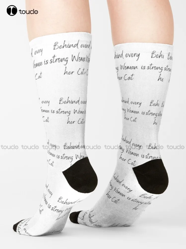 

Behind Every Strong Woman Is Her Cat Socks Cotton Socks For Women Cute Pattern Funny Autumn Best Cartoon Street Skateboard Socks