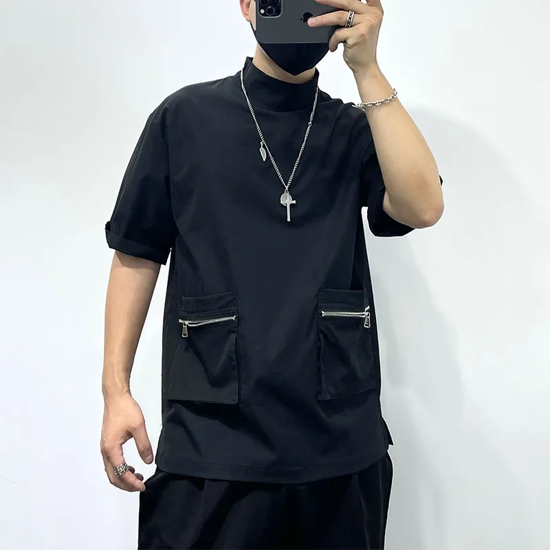 

Мужская футболка с воротником-стойкой, черный Свободный пуловер с карманами, подходящая ко всему Одежда для работы, лето 2019