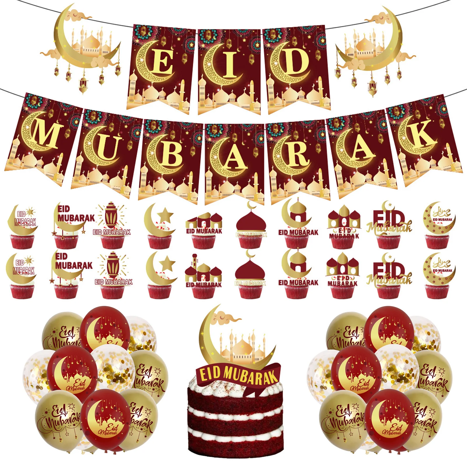 

46 штук, украшения для вечерние Eid, подвесной баннер, красная фотография и набор медиаторов для тортов, луна, звезда, подвесной Красный баннер