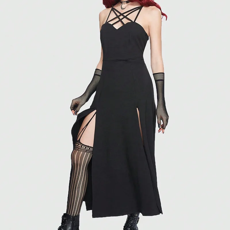 

Винтажное длинное облегающее платье для женщин, летние платья на бретелях-спагетти, платья с высоким разрезом, одежда в готическом стиле