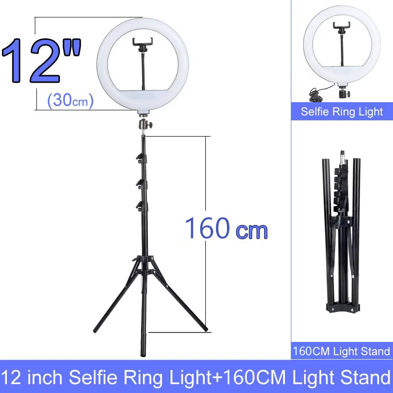 

Кольцевой светодиодный светильник с регулируемой яркостью, 6/10/12 дюймов, с подставкой, без штатива, лампа 160 см, кольцевой светильник для фото...