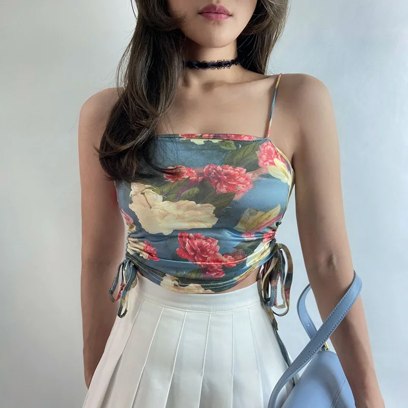 

2022 Summer New Camisole Temperament Street Fashion All-match Retro Print Drawstring Slim Short Vest Women's Top