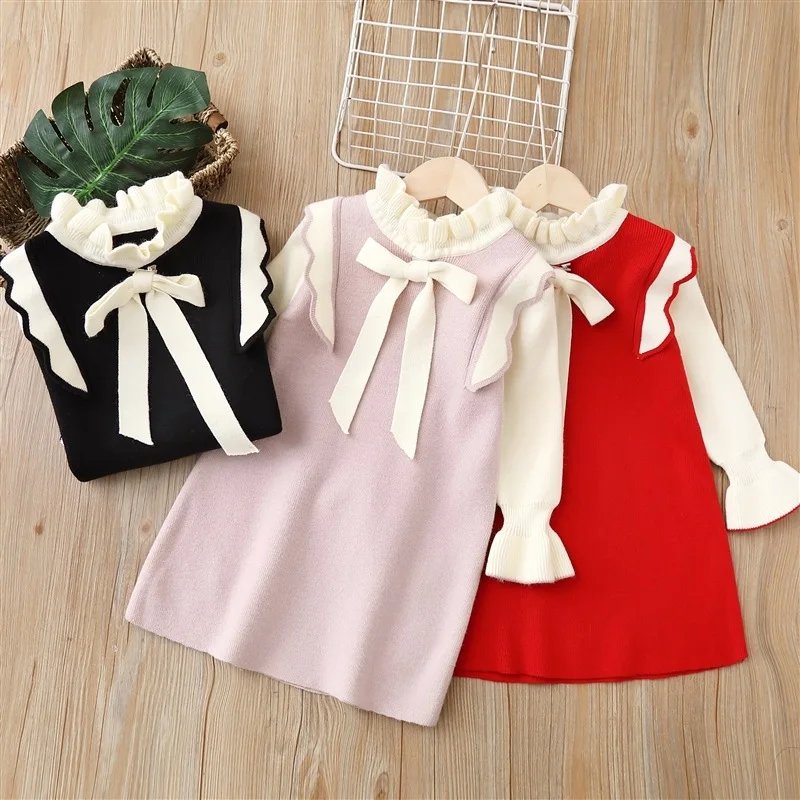 

Girls Stitch Knitted Dress Fashion Butterfly-knot Casual Princess Dresses 2022 Autumn Winter Daily Wear Clothes 2-7Y Vestidos