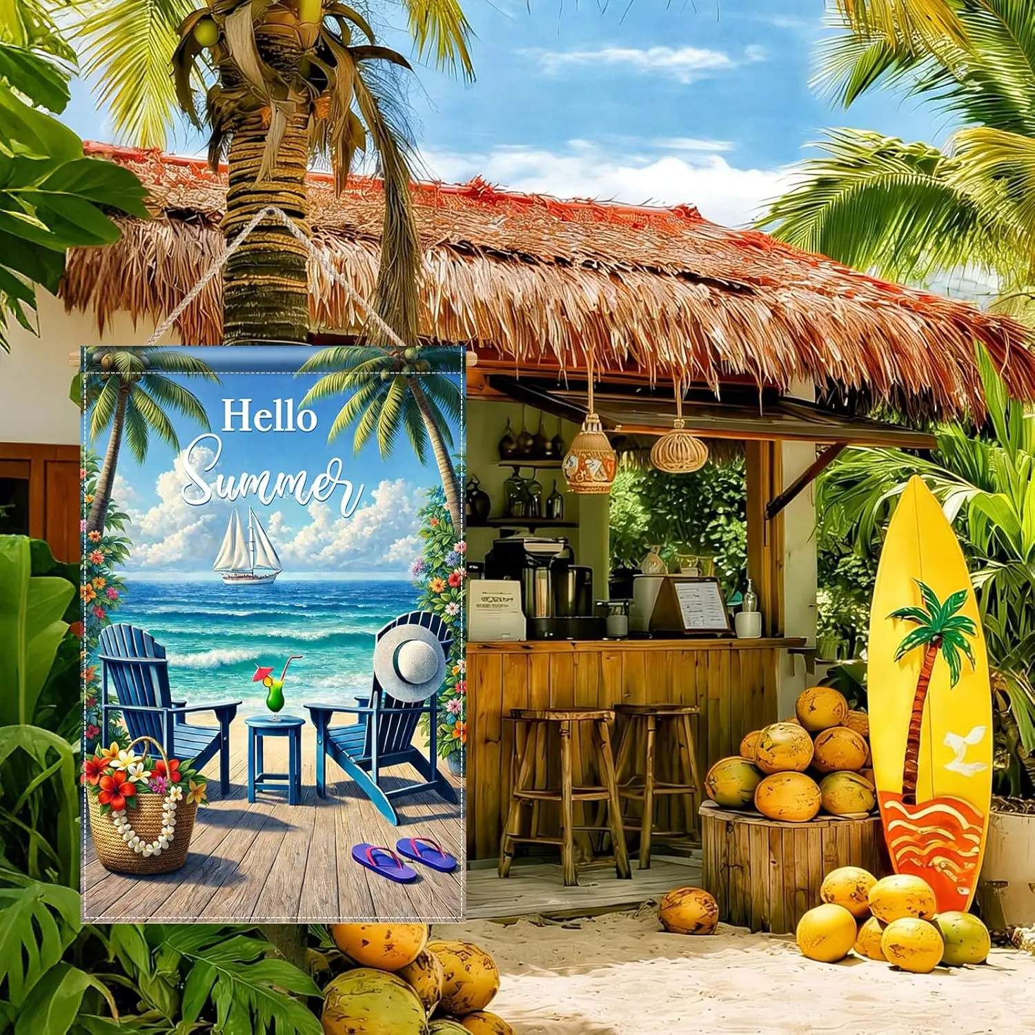 Фото Флаг BlissYard Hello Summer Coastal Garden 12x18, двусторонний, вертикальный, для улицы, с видом на пляж, океан, тропический патио, Y AAS №3