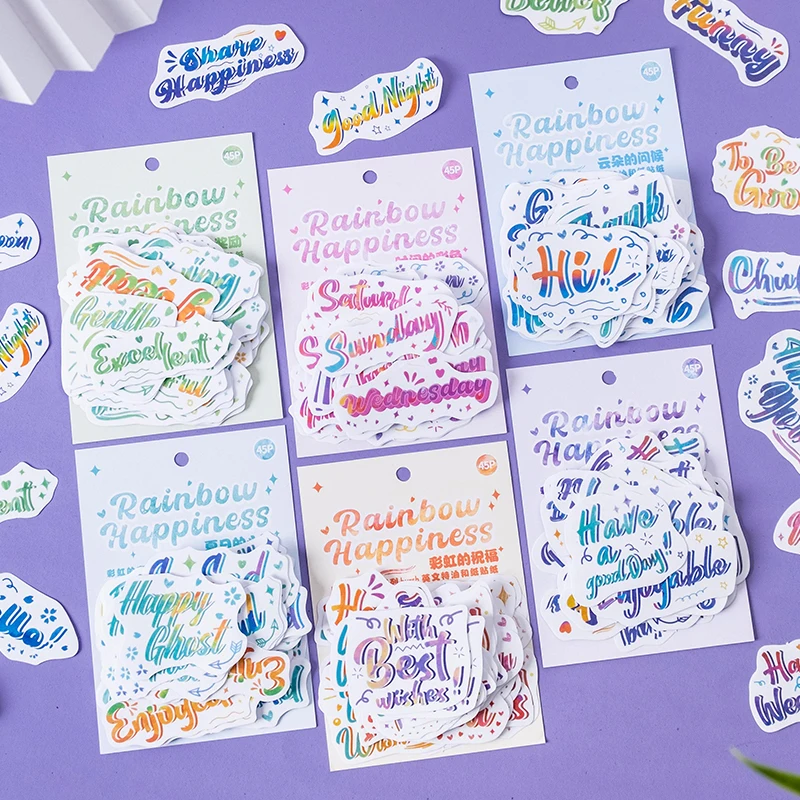 

46Pcs/Pack Rainbow Series Fraktur English Short Sentences Stickers Cute Calendar Labels Aesthetic Scrapbooking Diary Journaling