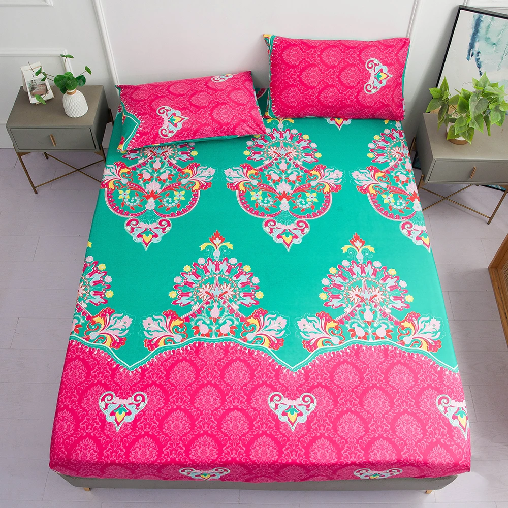 Classic Red Green Ethnic Style Bed Fitted Sheets Sábanas Mattress Cover with Elastic Microfiber 120*200*30,180*200*30cm