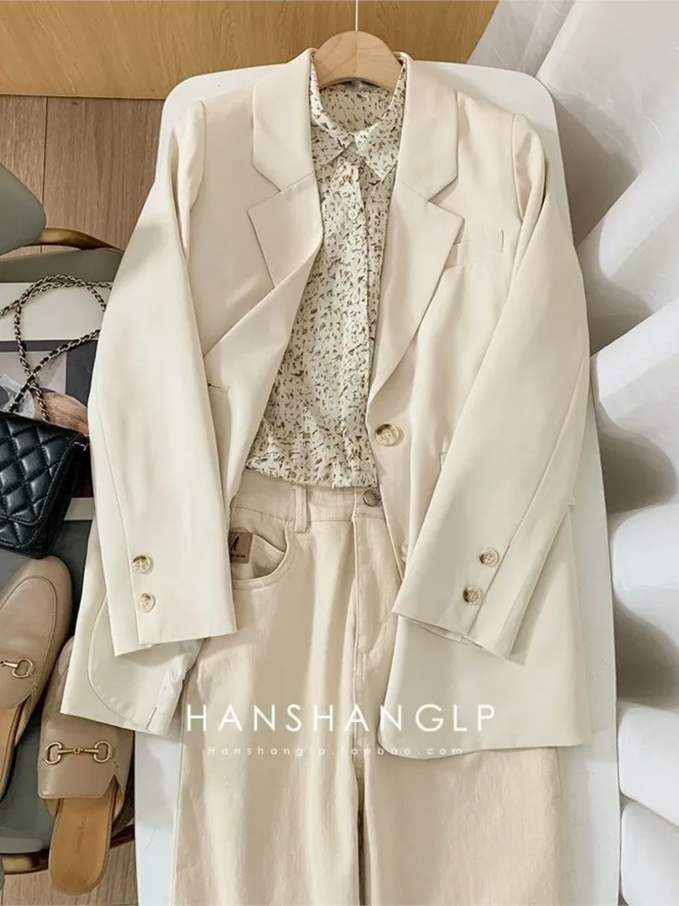 Spring Autumn Fashion Long Sleeve Blazer Women Temperament Solid Lapel Blue Single-Breasted Jacket Office Lady Coat