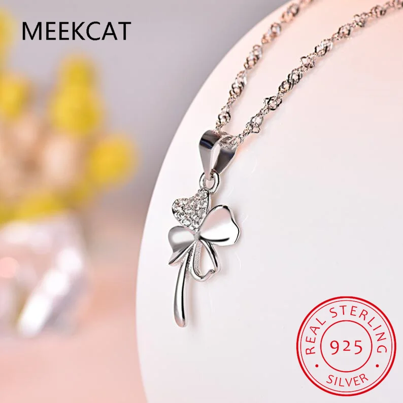Настоящее серебро 925 пробы модное милое четырехлистное клеверное ожерелье с