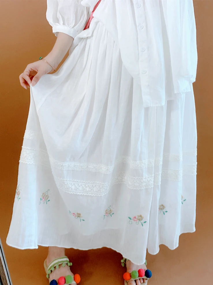 2022 Summer Women's New Japanese Mori Girl Embroidered and Lace Ramie White French Cotton and Linen Long Skirt