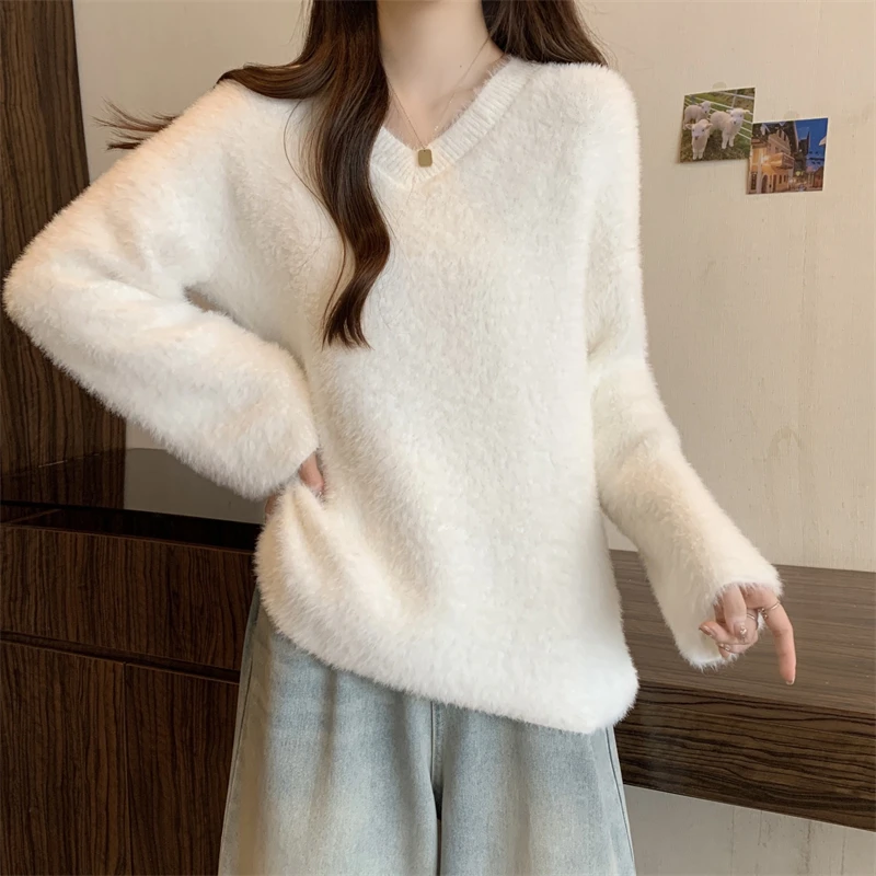 Большой размер норковый свитер с v-образным вырезом для полных девочек женский