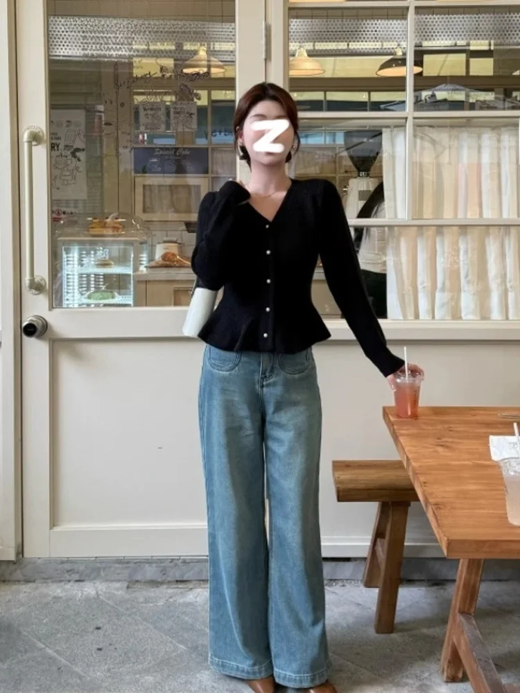 Elegant High Sense Black V-neck Cardigan sweater Women Autumn and Winter New Frill Waist Hugging Slimming Knit