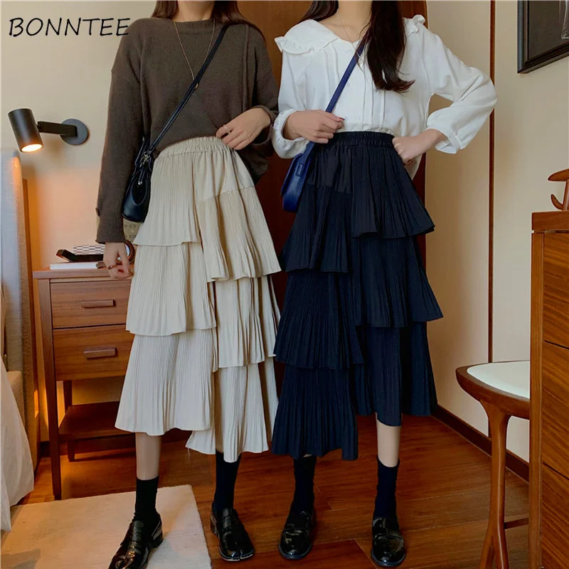 

Skirts Woman Asymmetrical Solid Folds All-match Elegant Sweet Ladies Casual Fashion Spring Mid-calf Design New Design Empire Ins