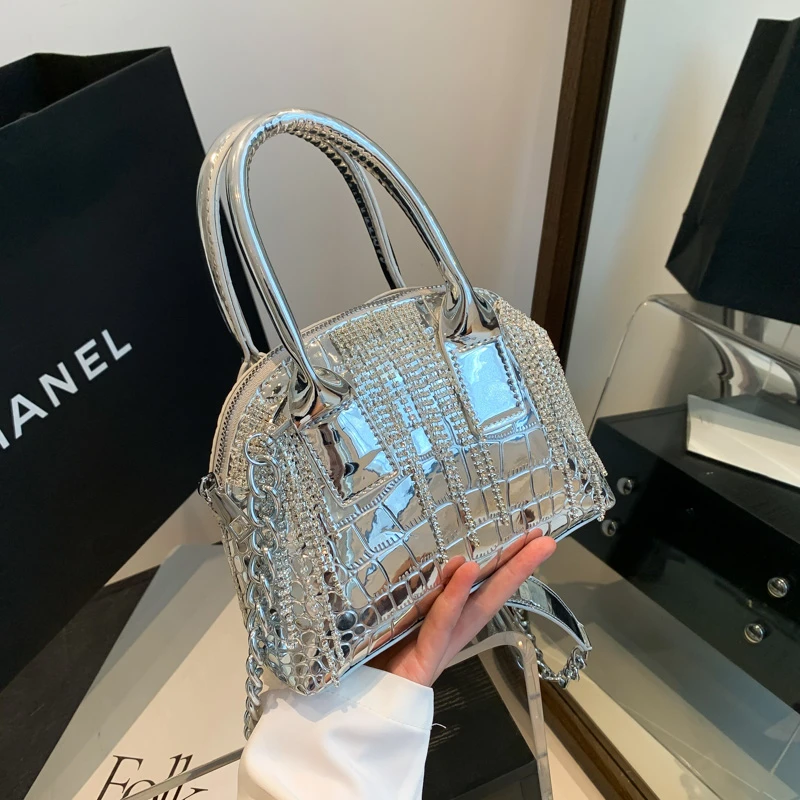 Shiny Tassel Shell Bags for Women 2023 New Patent Leather Stone Grain Shoulder Bag Woman Diamonds Fashion Party Luxury Handbags
