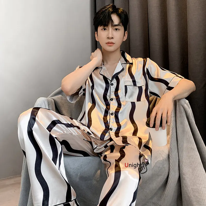 Spring Summer Man Pajama Sets Silk Sleepwear Pajamas for Men Plus Size Home Clothing Pyjamas Suit Home Wear Loungewear Homesuits