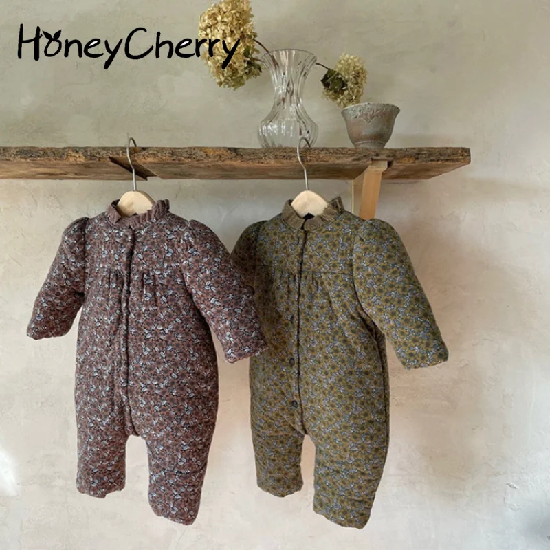 

HoneyCherry Baby Vintage Floral Romper Cotton Jacket Baby Long Climbing Clothes Winter Thickened Cotton-padded Clothes