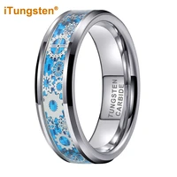 itungsten 6mm 8mm blue carbon fiber steampunk gear inlay tungsten finger ring men women wedding band fashion jewelry comfort fit