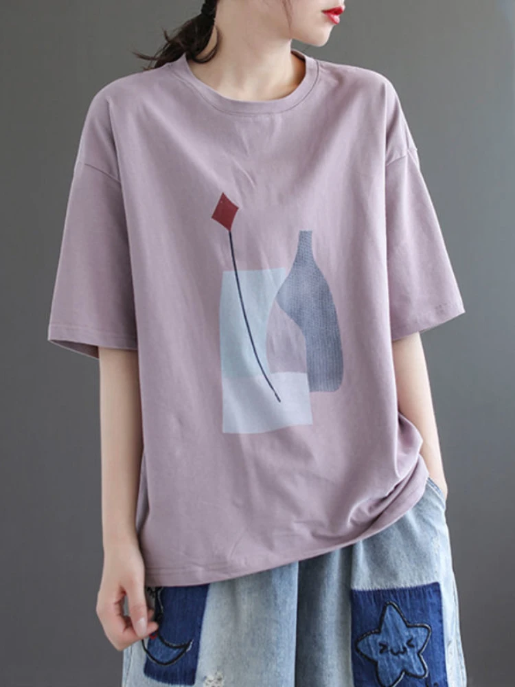 

T-shirts 2022 Women Fashion Loose Casual Graphic T Shirts Printed Crew Neck Short Sleeves Top New Women's 100% Cotton T-shirt