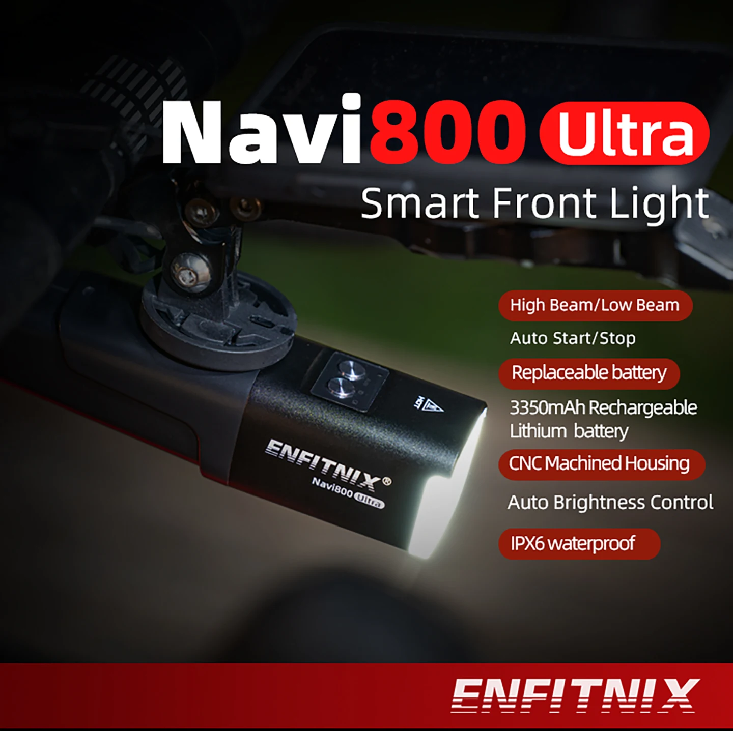 Фото Велосипедная фара ENFITNIX Navi800 Ultra: высокая яркость, четкая линия света, передний фонарь, 3350 мАч, 800 люмен, безопасное ночное освещение №1