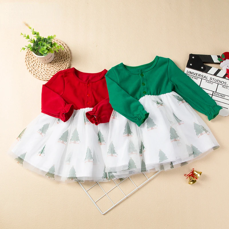

Baby Christmas Suit Girls Dresses Red and Green Printed Christmas Tree Kids Skirts Festive Dresses Children's Clothing 1-6Years