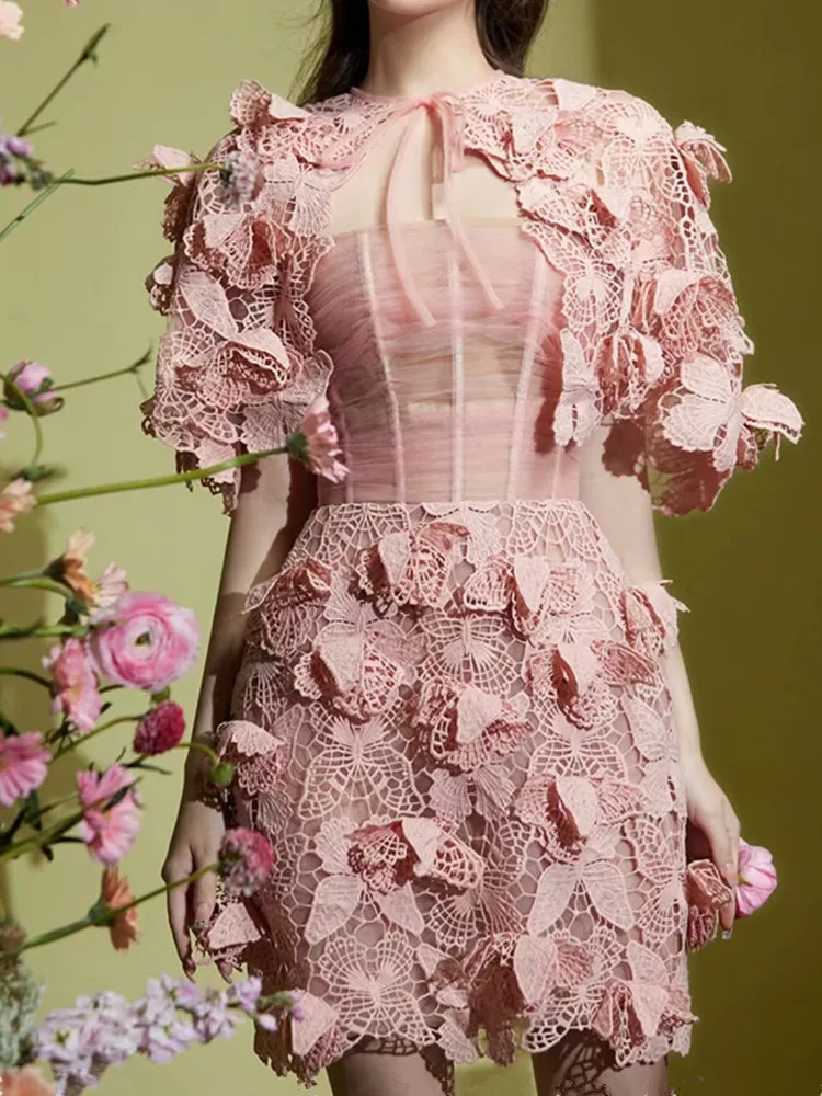 

Женское Сетчатое платье SMTHMA, летнее платье со съемной шалью, с коротким рукавом, с объемной бабочкой, розовое платье