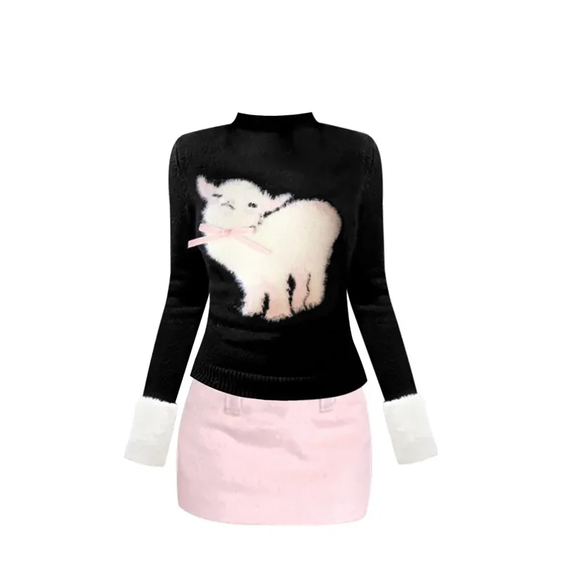 2 шт./комплект Женский трикотажный свитер с высокой талией и юбка